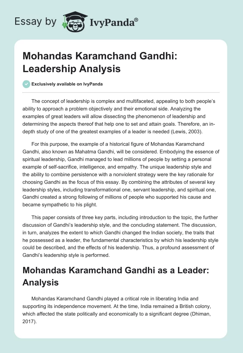 Mohandas Karamchand Gandhi: Leadership Analysis. Page 1