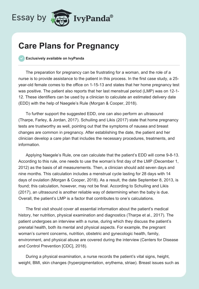 Care Plans for Pregnancy. Page 1