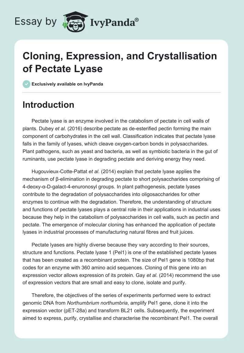 Cloning, Expression, and Crystallisation of Pectate Lyase. Page 1