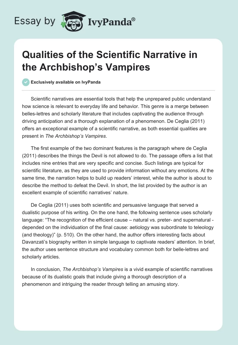 Qualities of the Scientific Narrative in the Archbishop’s Vampires. Page 1
