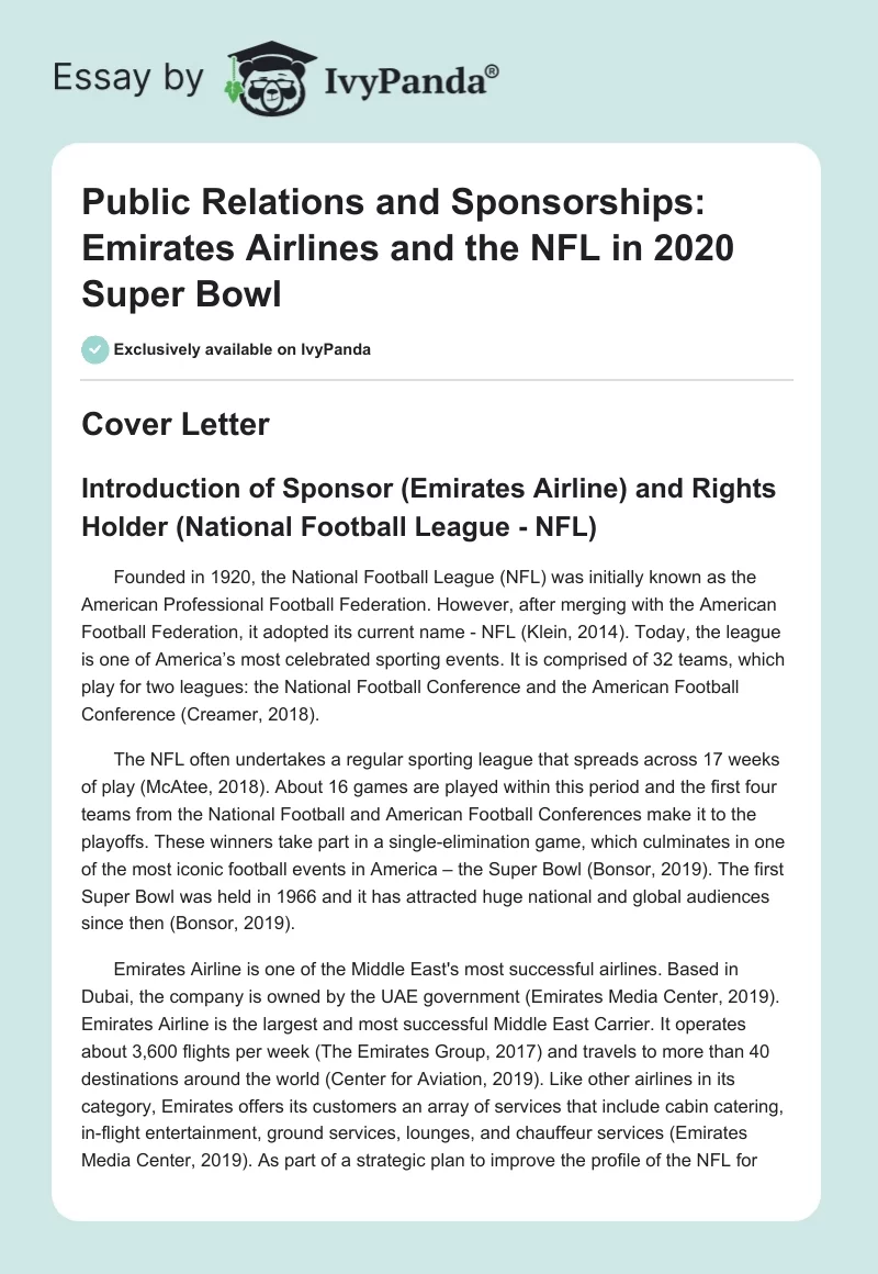 Public Relations and Sponsorships: Emirates Airlines and the NFL in 2020 Super Bowl. Page 1