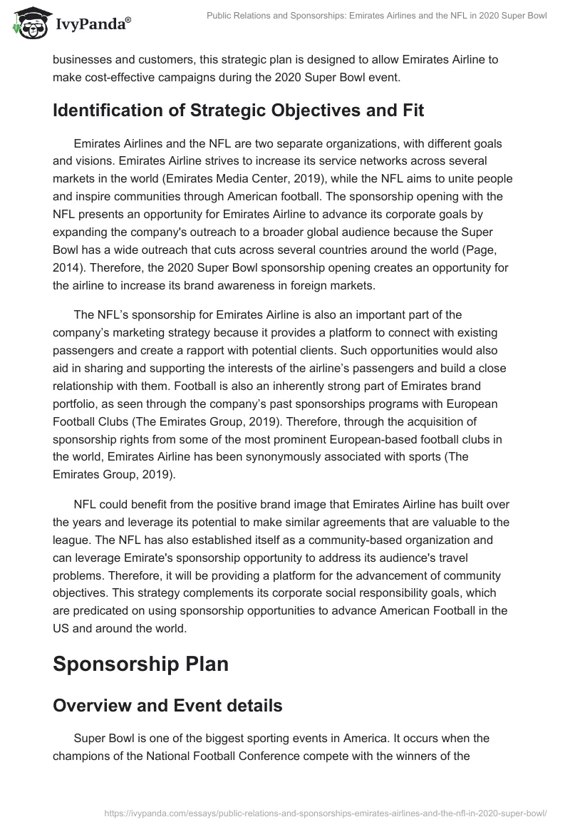 Public Relations and Sponsorships: Emirates Airlines and the NFL in 2020 Super Bowl. Page 2
