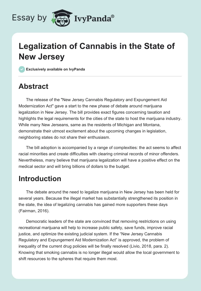 Legalization of Cannabis in the State of New Jersey. Page 1