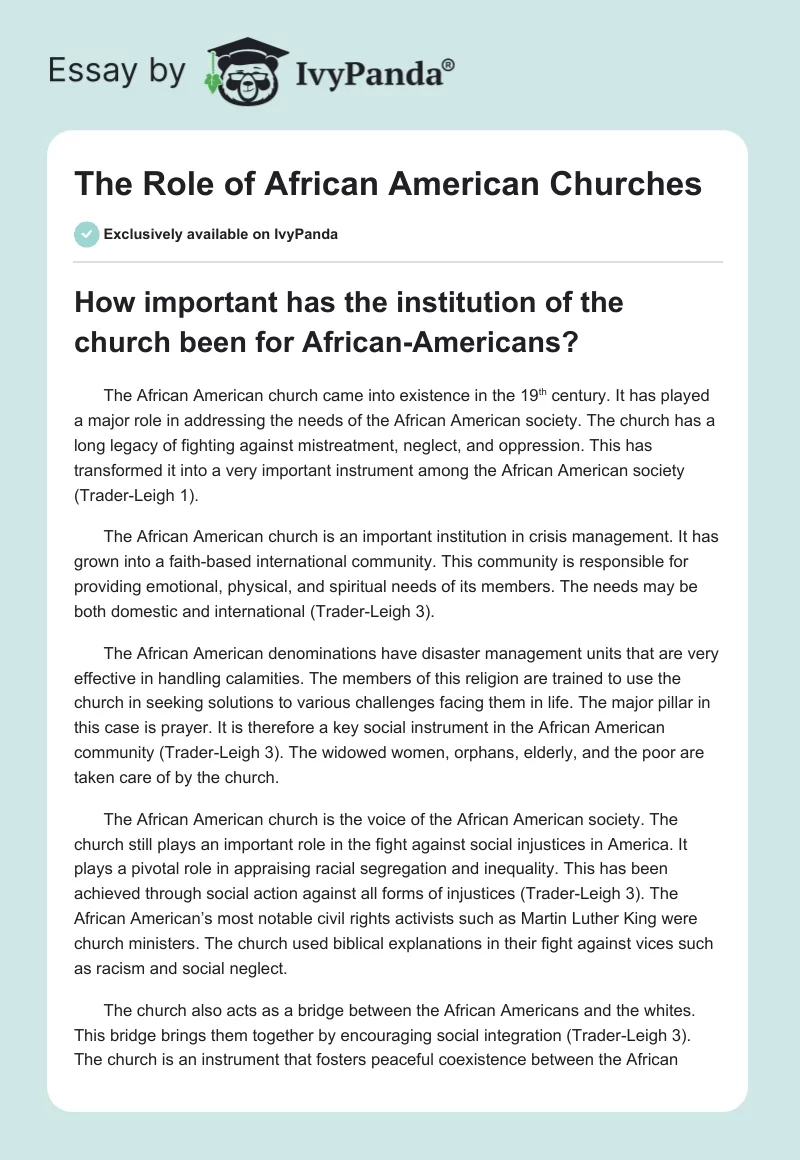 The Role of African American Churches. Page 1