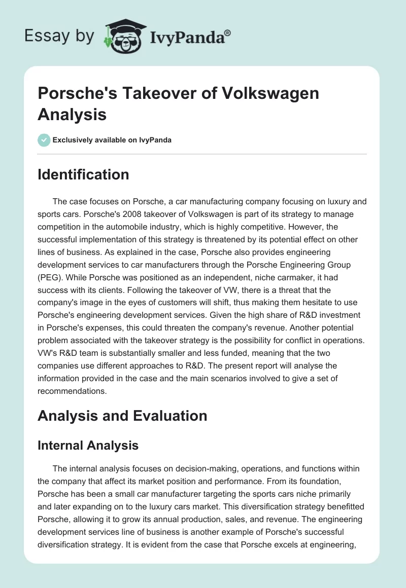 Porsche's Takeover of Volkswagen Analysis. Page 1