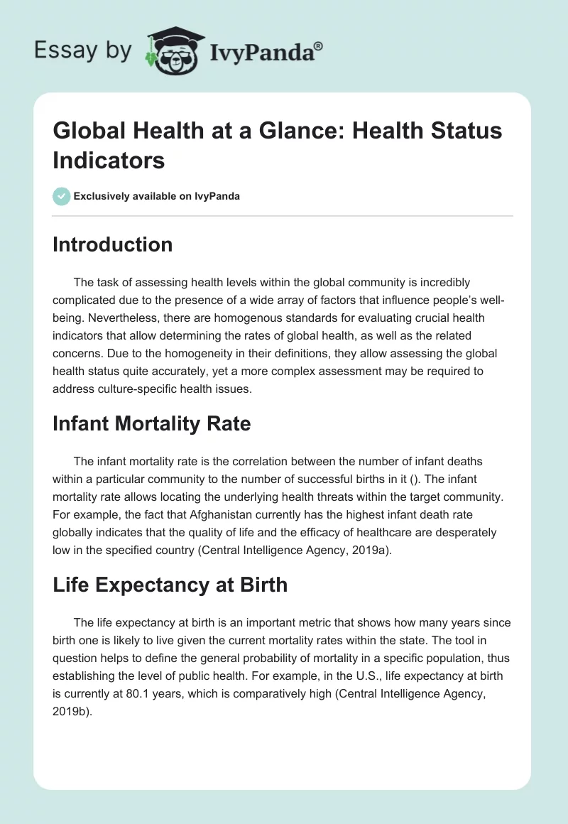 Global Health at a Glance: Health Status Indicators. Page 1