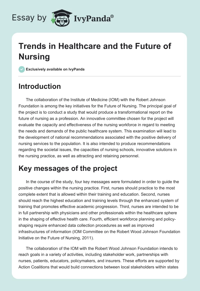 Trends in Healthcare and the Future of Nursing. Page 1