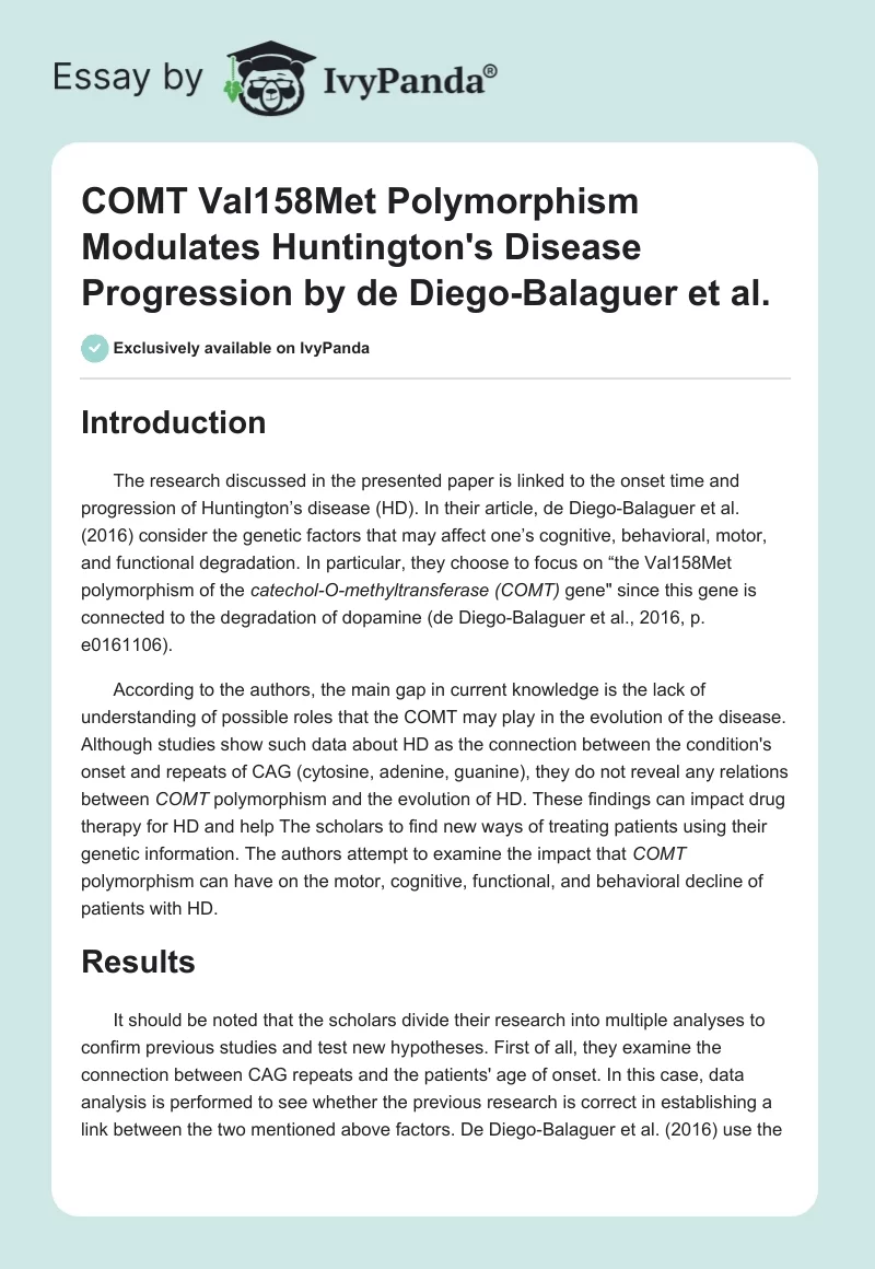 "COMT Val158Met Polymorphism Modulates Huntington's Disease Progression" by de Diego-Balaguer et al.. Page 1