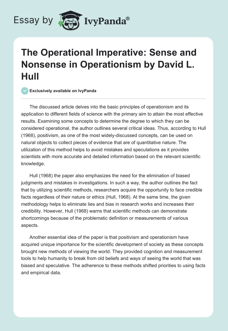 "The Operational Imperative: Sense and Nonsense in Operationism" by David L. Hull. Page 1