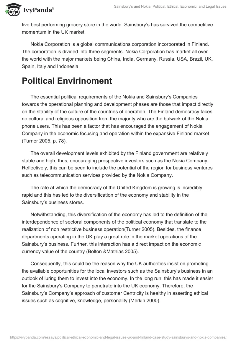 Sainsbury's and Nokia: Political, Ethical, Economic, and Legal Issues. Page 2