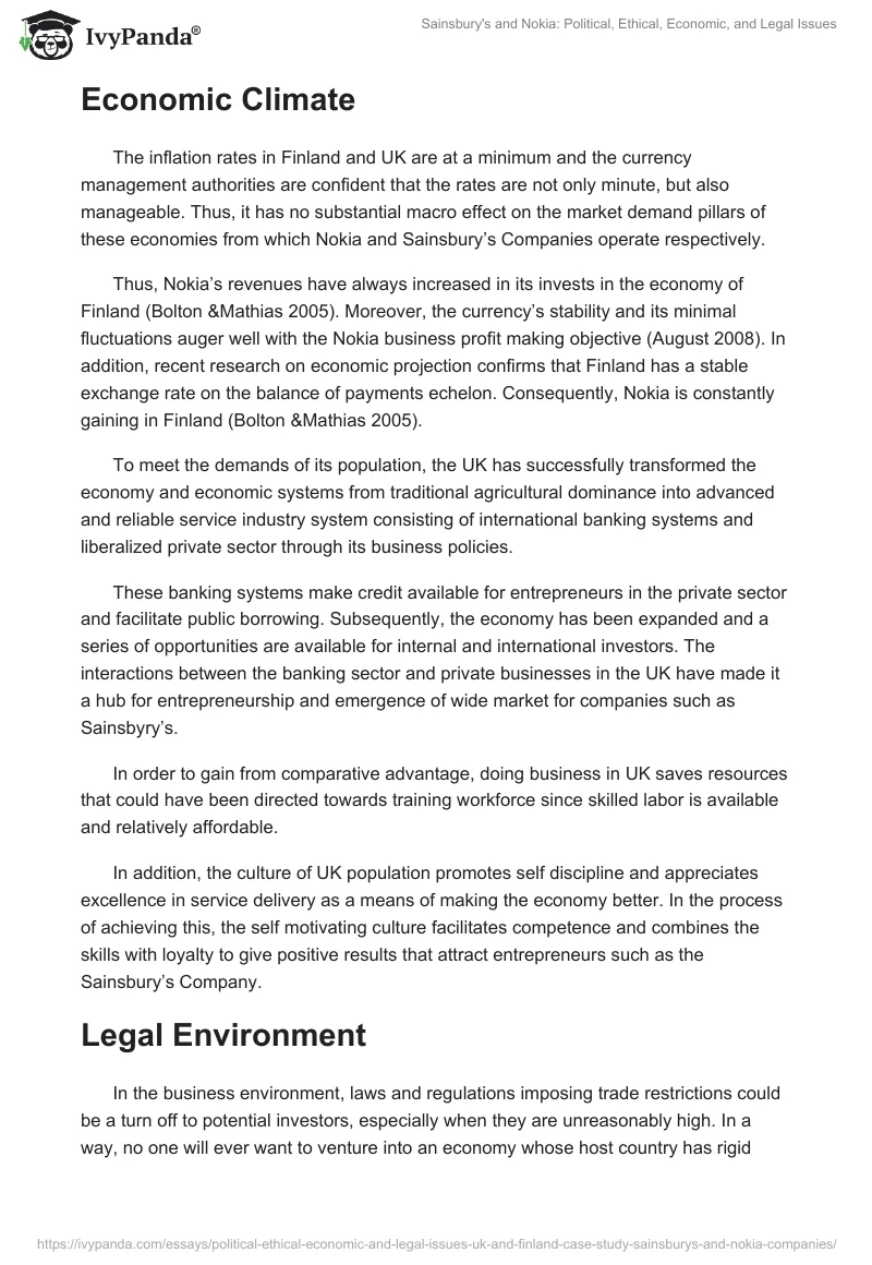 Sainsbury's and Nokia: Political, Ethical, Economic, and Legal Issues. Page 3