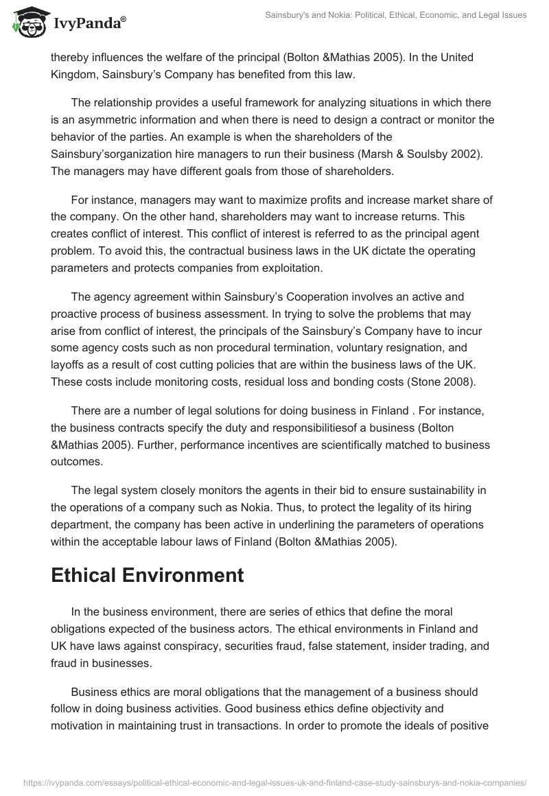 Sainsbury's and Nokia: Political, Ethical, Economic, and Legal Issues. Page 5