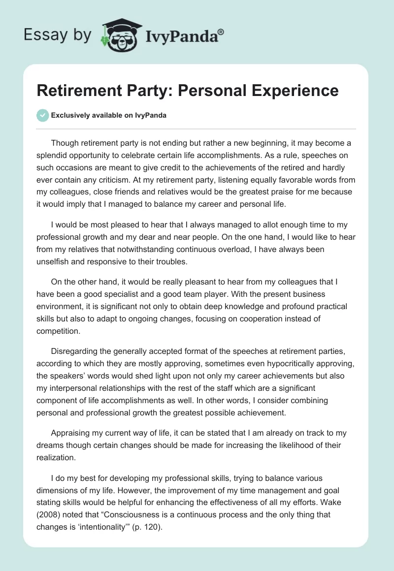 Retirement Party 569 Words Essay