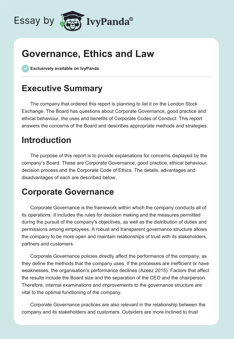 Governance, Ethics and Law. Page 1