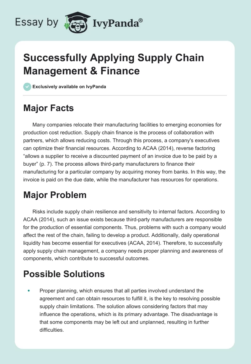 Successfully Applying Supply Chain Management & Finance. Page 1