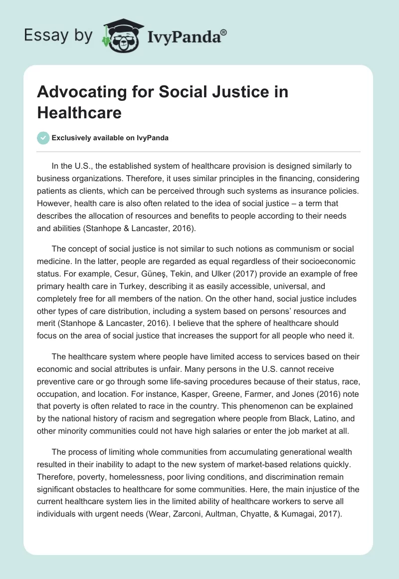 Advocating for Social Justice in Healthcare. Page 1
