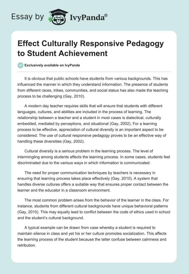 Effect Culturally Responsive Pedagogy to Student Achievement. Page 1