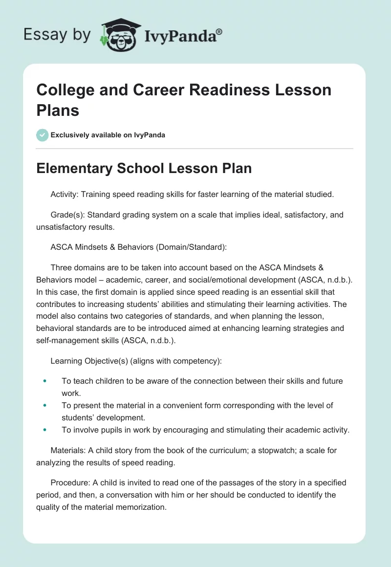 College and Career Readiness Lesson Plans. Page 1