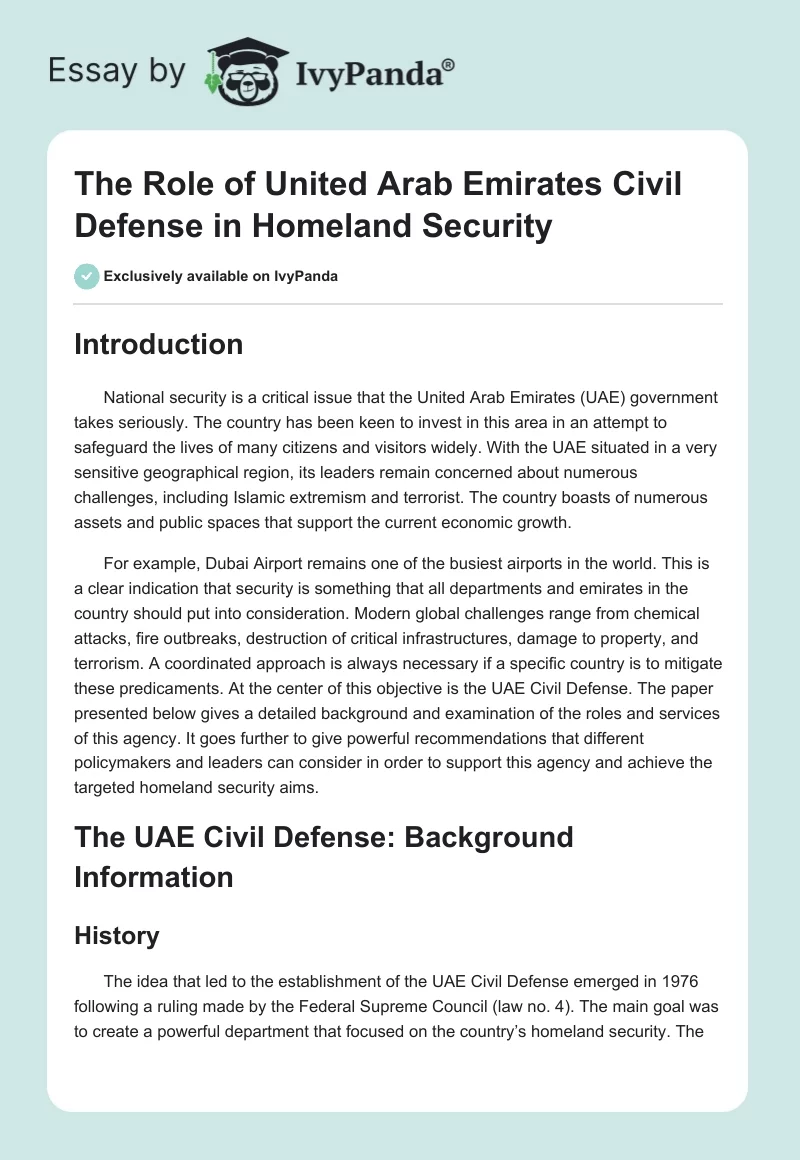 The Role of United Arab Emirates Civil Defense in Homeland Security. Page 1