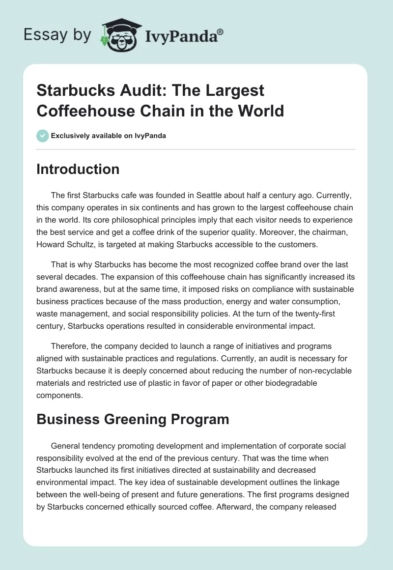 Starbucks Audit: The Largest Coffeehouse Chain in the World. Page 1