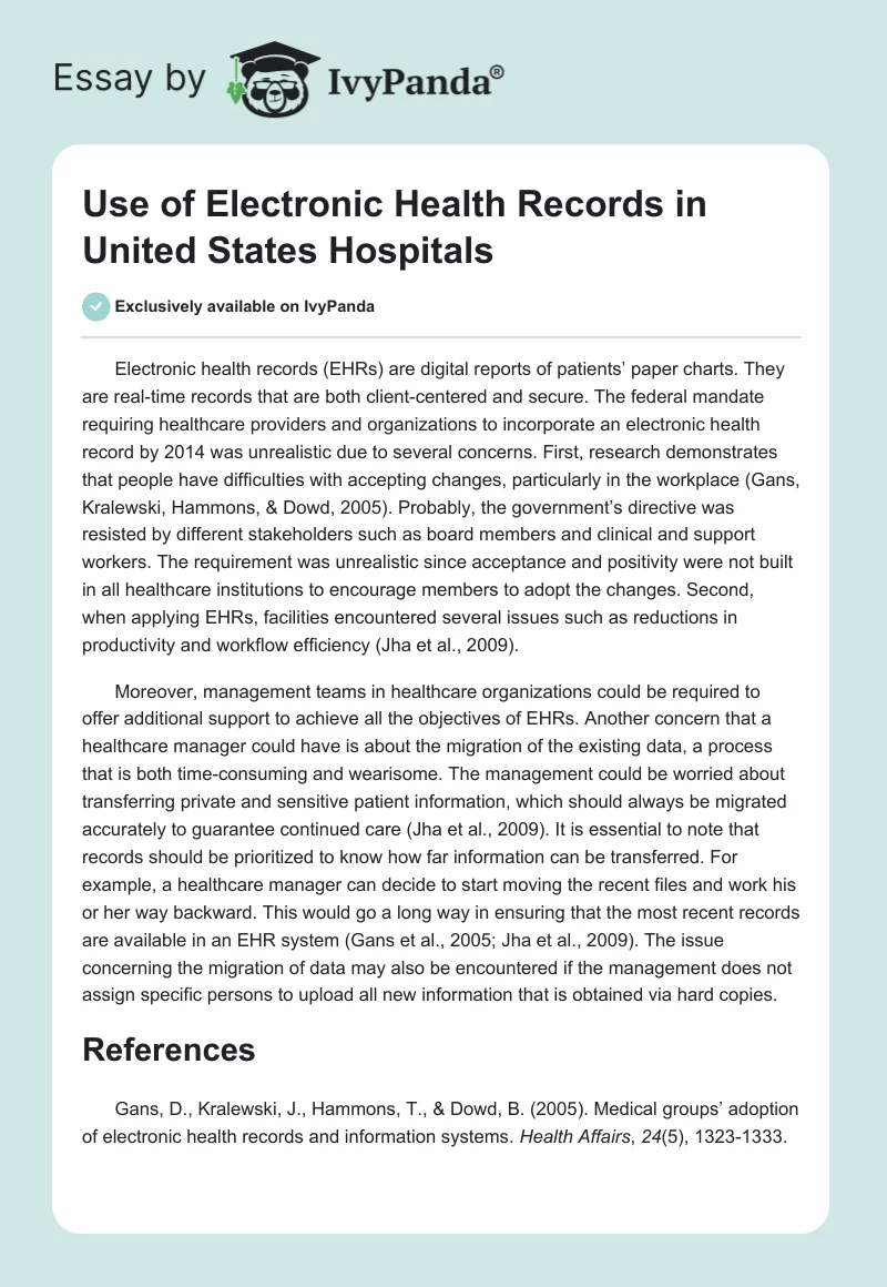 Use of Electronic Health Records in United States Hospitals. Page 1