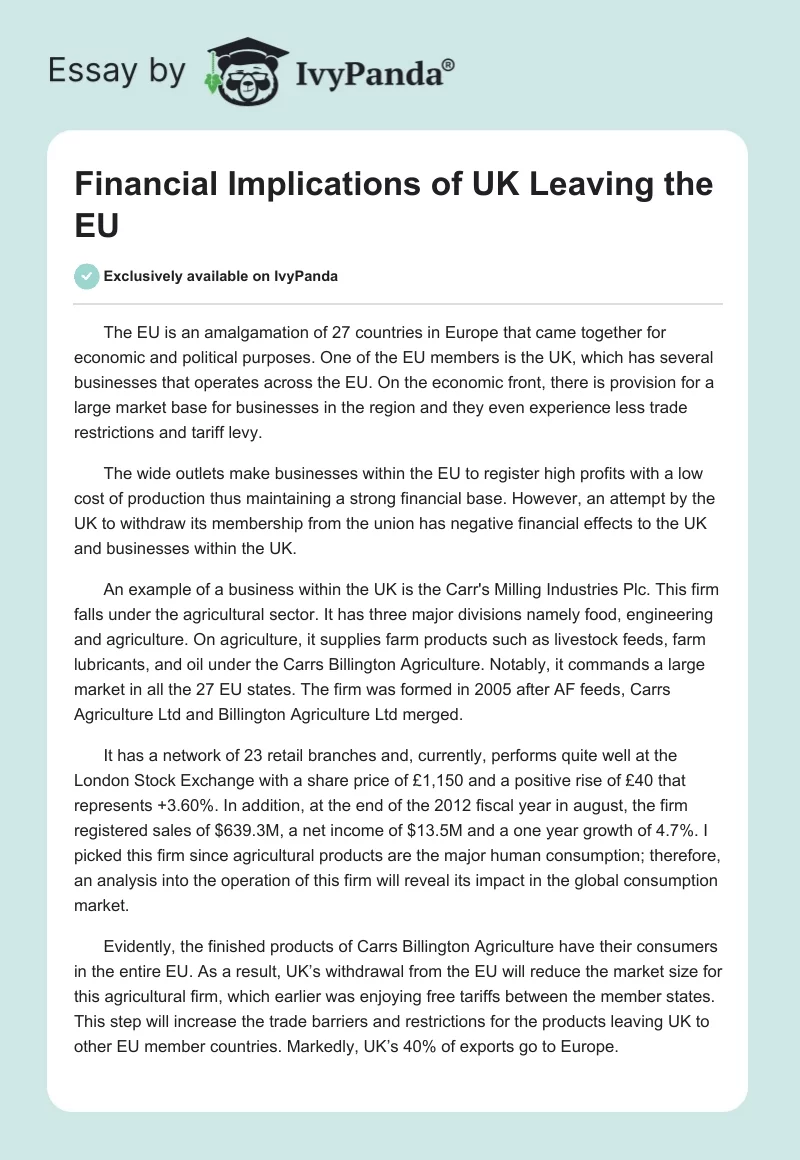 Financial Implications of UK Leaving the EU. Page 1