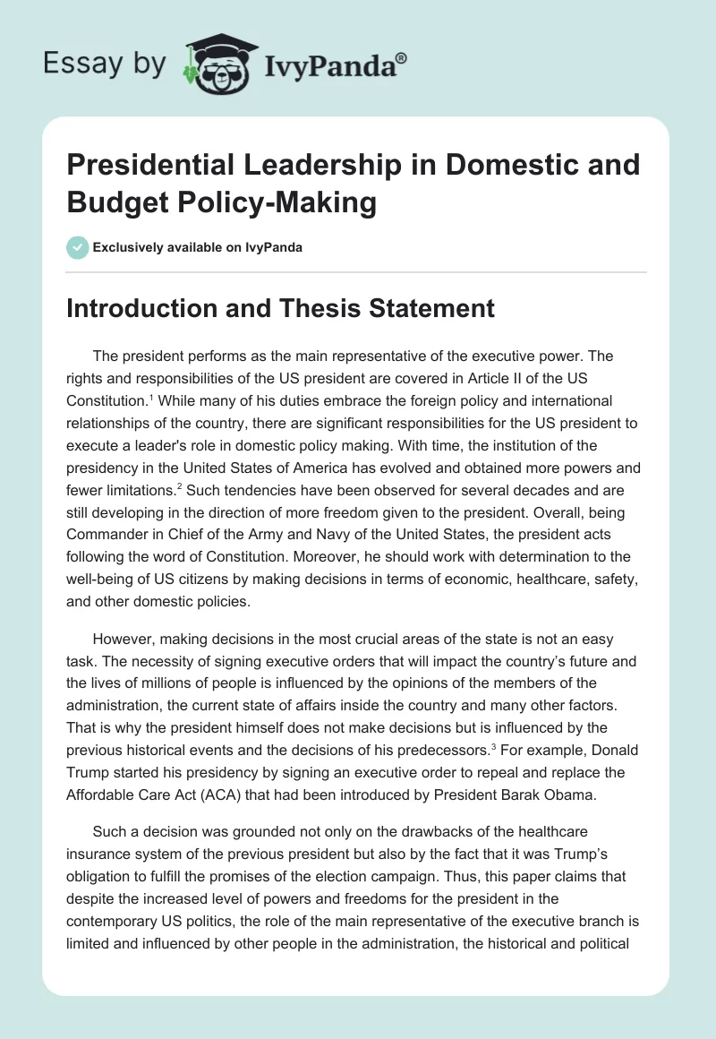 Presidential Leadership in Domestic and Budget Policy-Making. Page 1