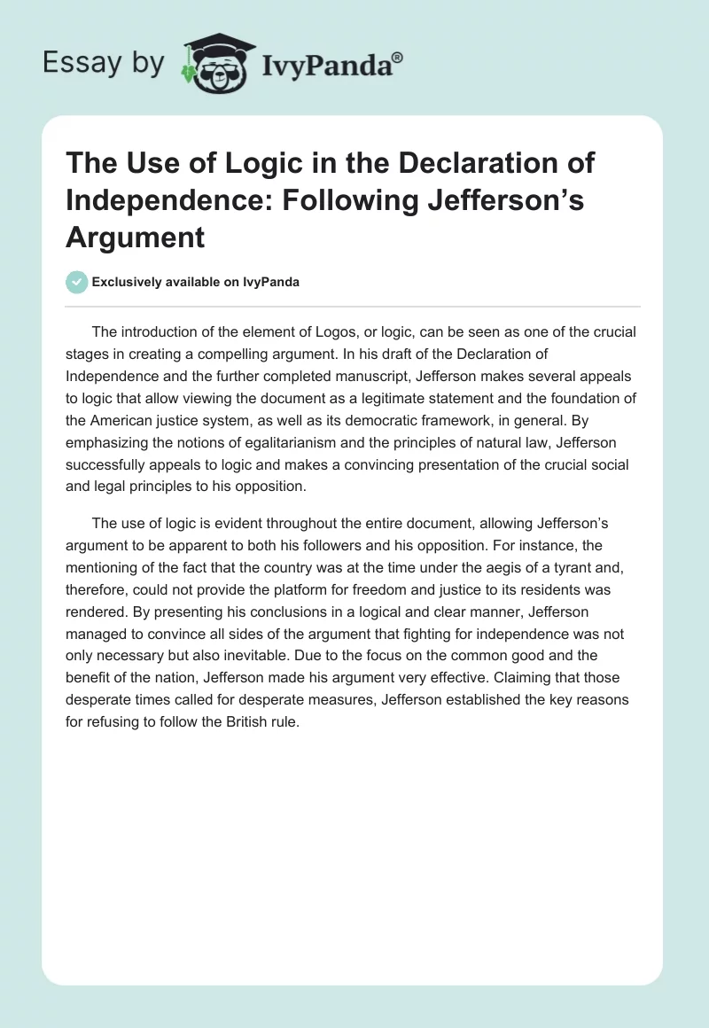 The Use of Logic in the Declaration of Independence: Following Jefferson’s Argument. Page 1