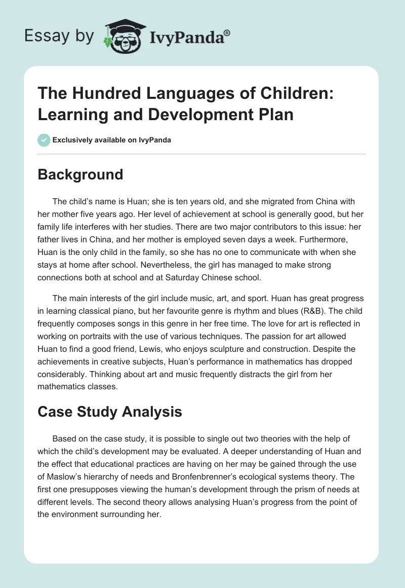 The Hundred Languages of Children: Learning and Development Plan. Page 1