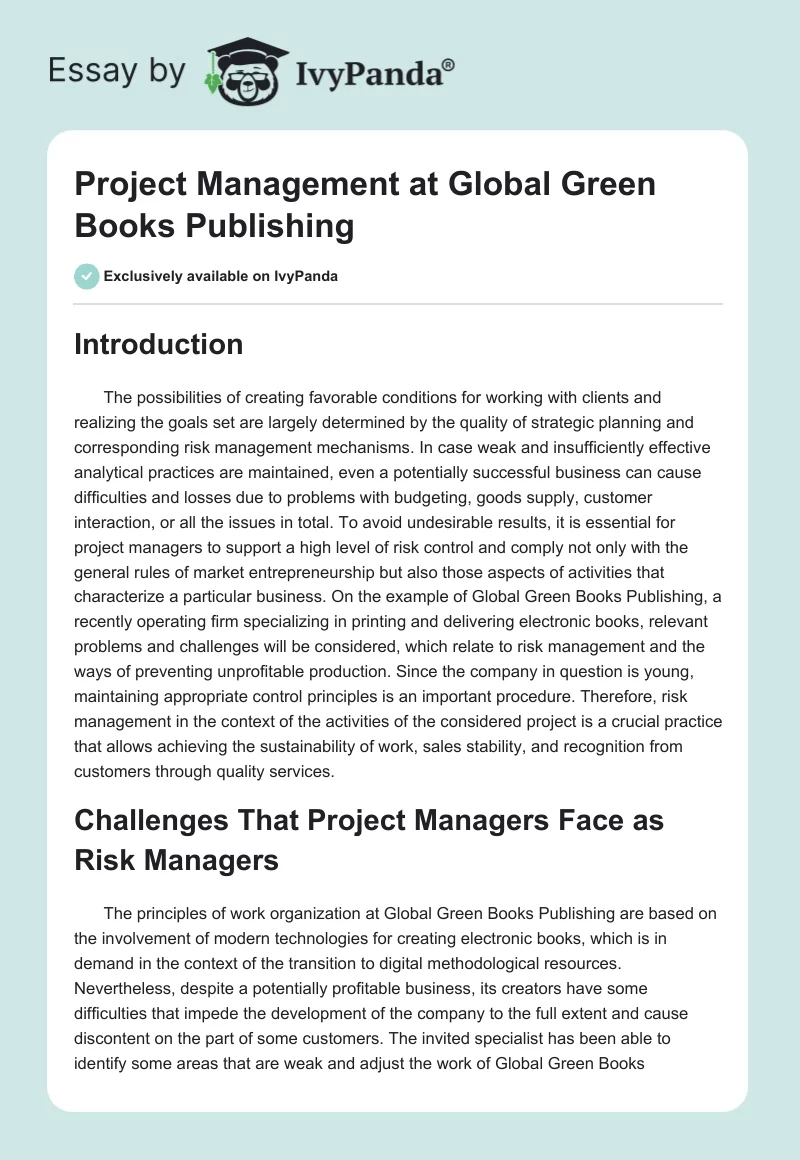 Project Management at Global Green Books Publishing. Page 1