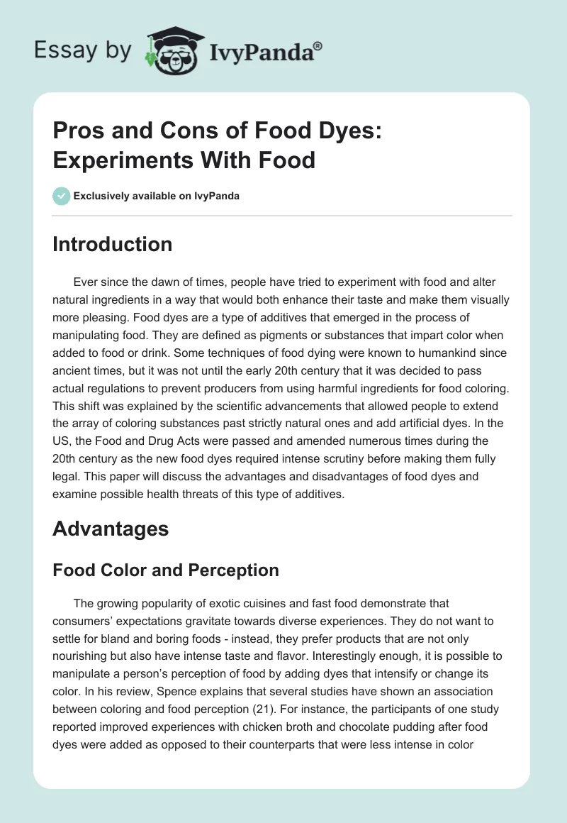Pros and Cons of Food Dyes: Experiments With Food. Page 1