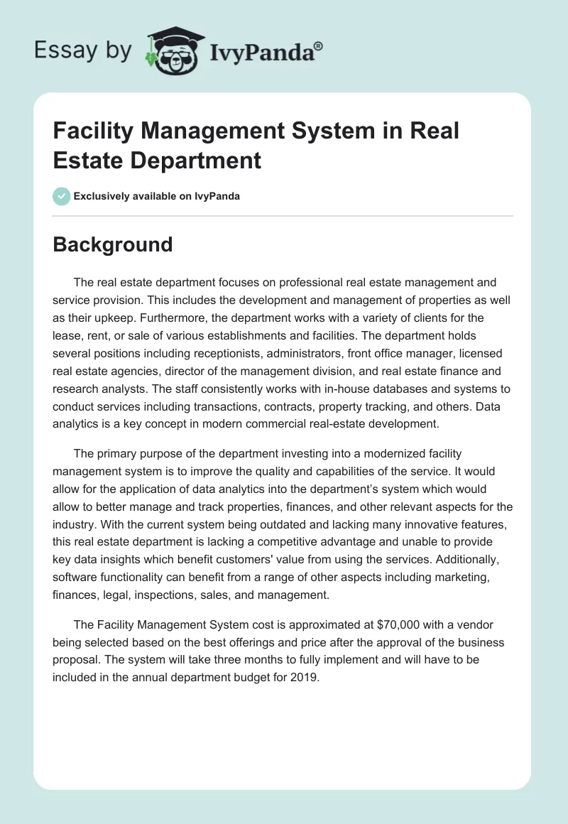 Facility Management System in Real Estate Department. Page 1