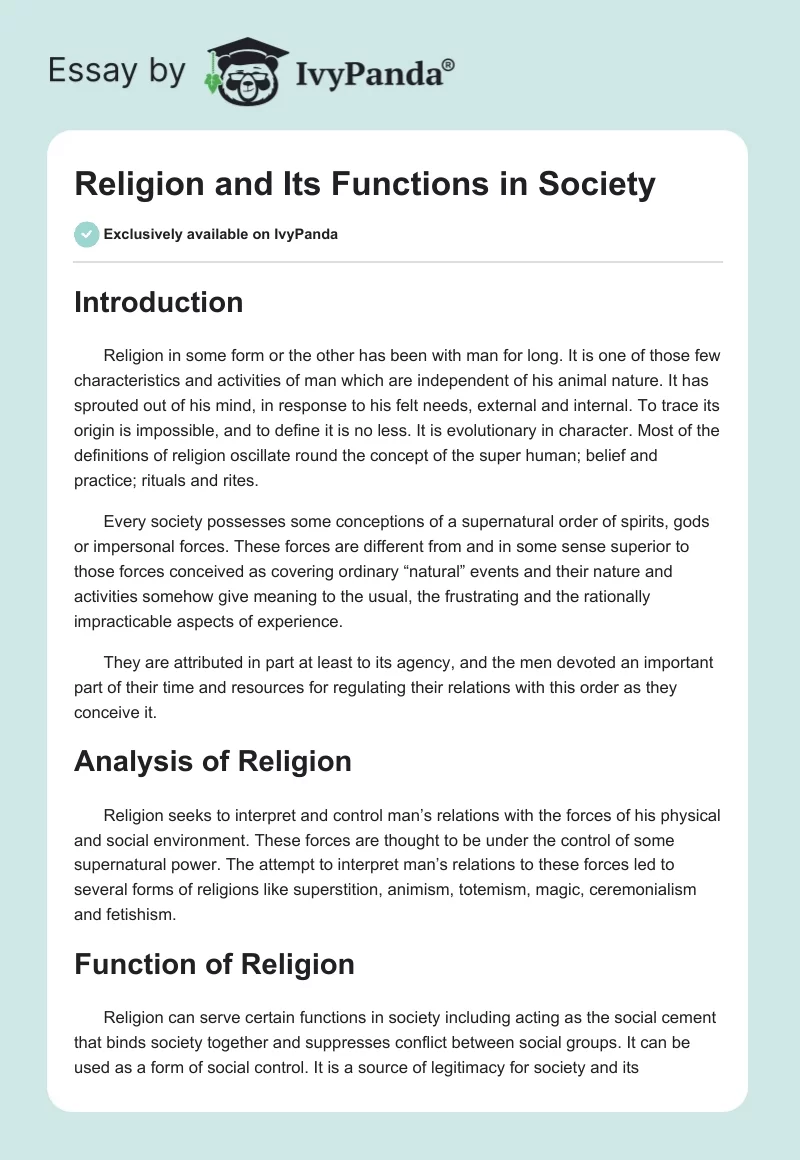 Religion and Its Functions in Society. Page 1