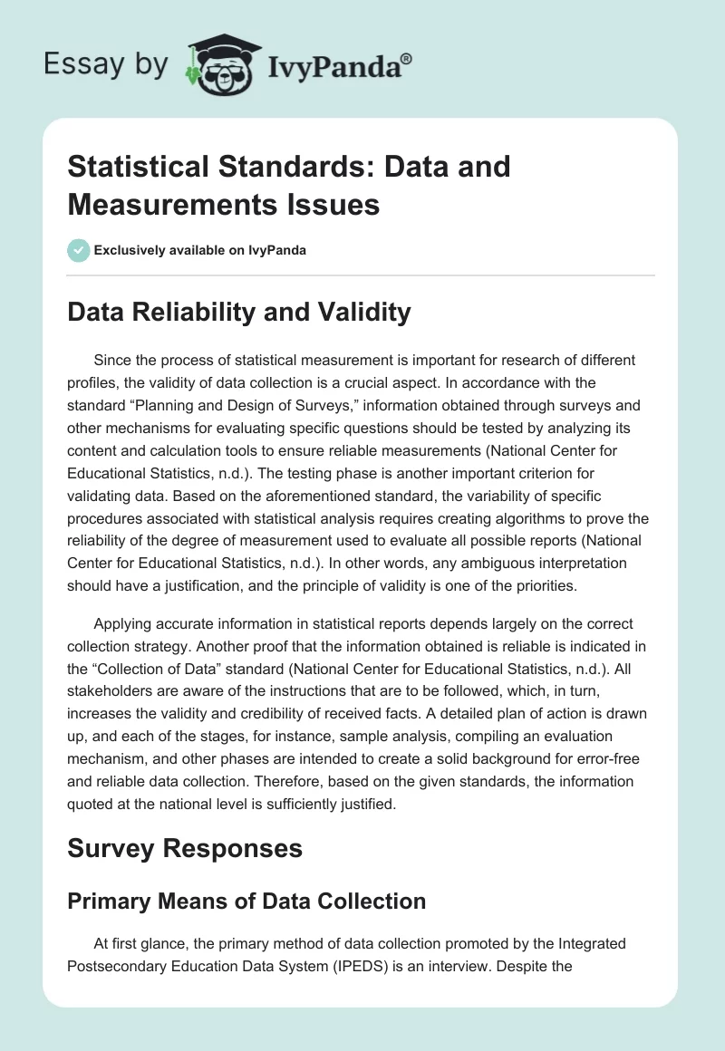 Statistical Standards: Data and Measurements Issues. Page 1