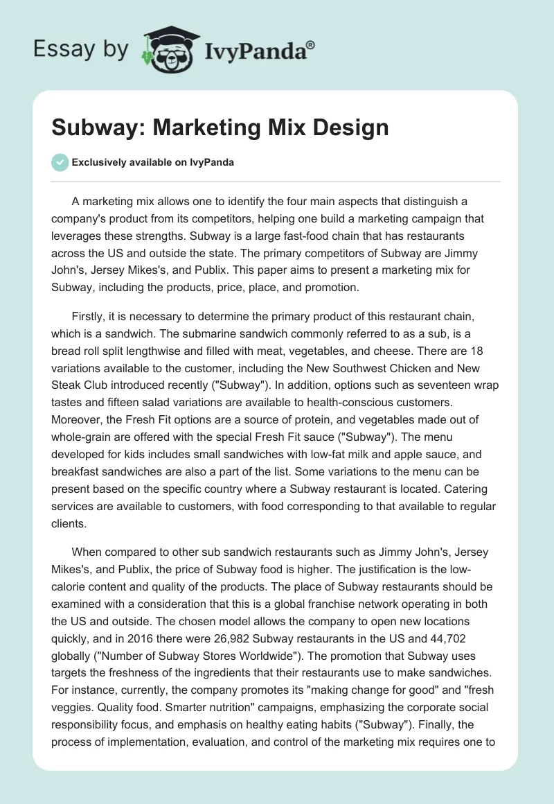 Subway: Marketing Mix Design. Page 1