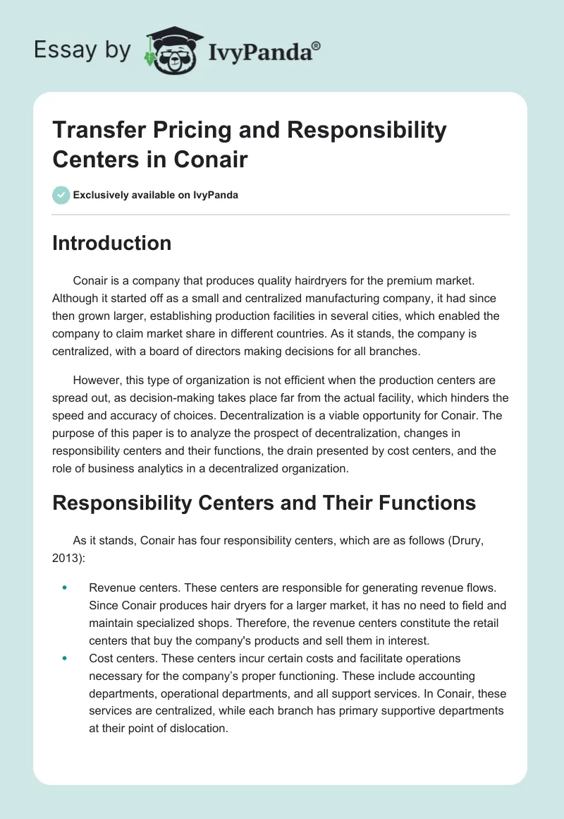 Transfer Pricing and Responsibility Centers in Conair. Page 1
