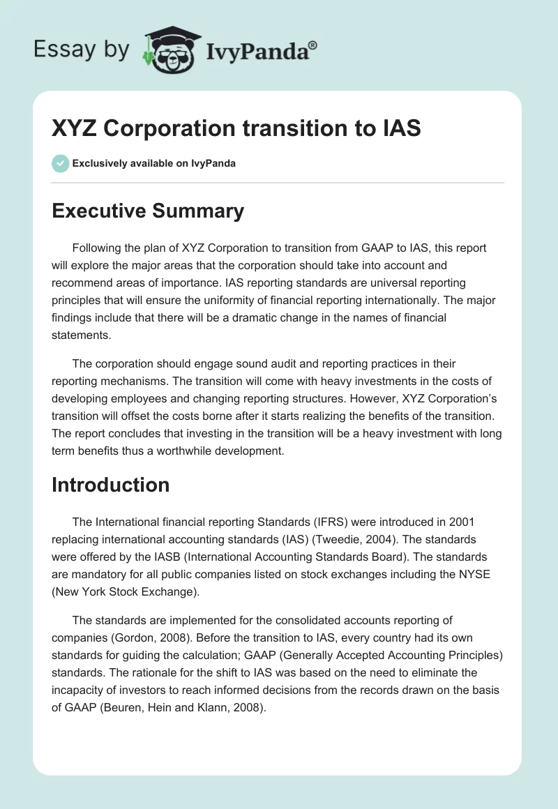 XYZ Corporation Transition to IAS. Page 1