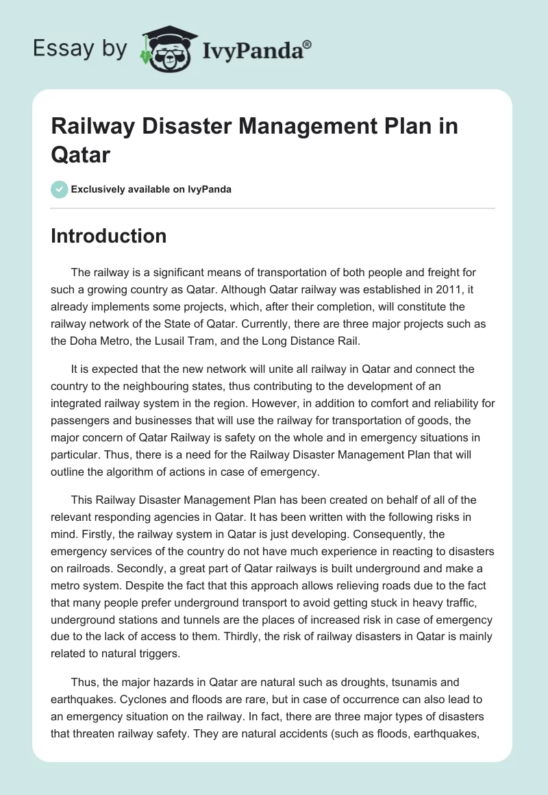 Railway Disaster Management Plan in Qatar. Page 1