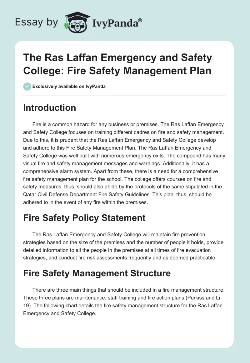 The Ras Laffan Emergency and Safety College: Fire Safety Management Plan. Page 1