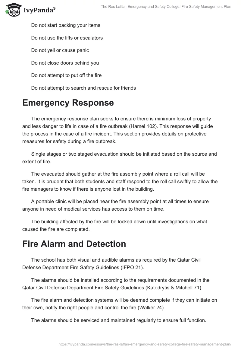 The Ras Laffan Emergency and Safety College: Fire Safety Management Plan. Page 3