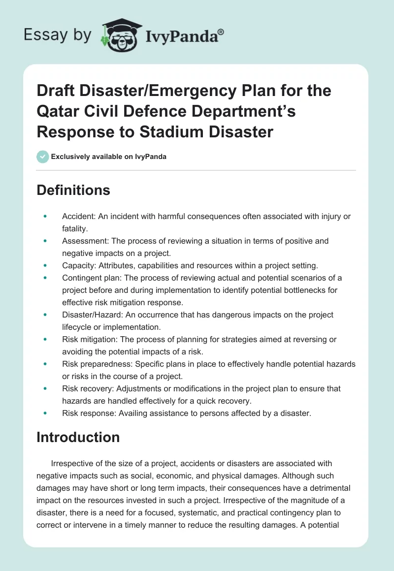 Draft Disaster/Emergency Plan for the Qatar Civil Defence Department’s Response to Stadium Disaster. Page 1
