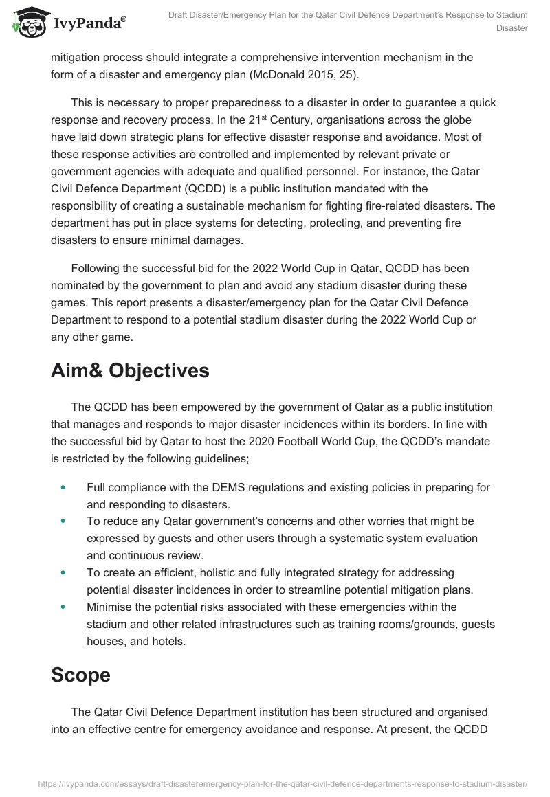 Draft Disaster/Emergency Plan for the Qatar Civil Defence Department’s Response to Stadium Disaster. Page 2