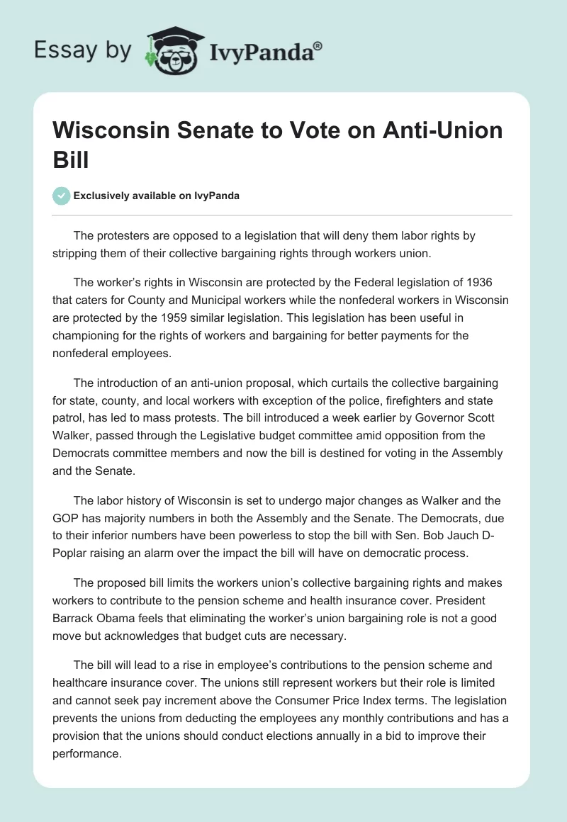Wisconsin Senate to Vote on Anti-Union Bill. Page 1