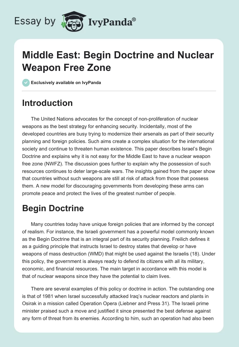 Middle East: Begin Doctrine and Nuclear Weapon Free Zone. Page 1