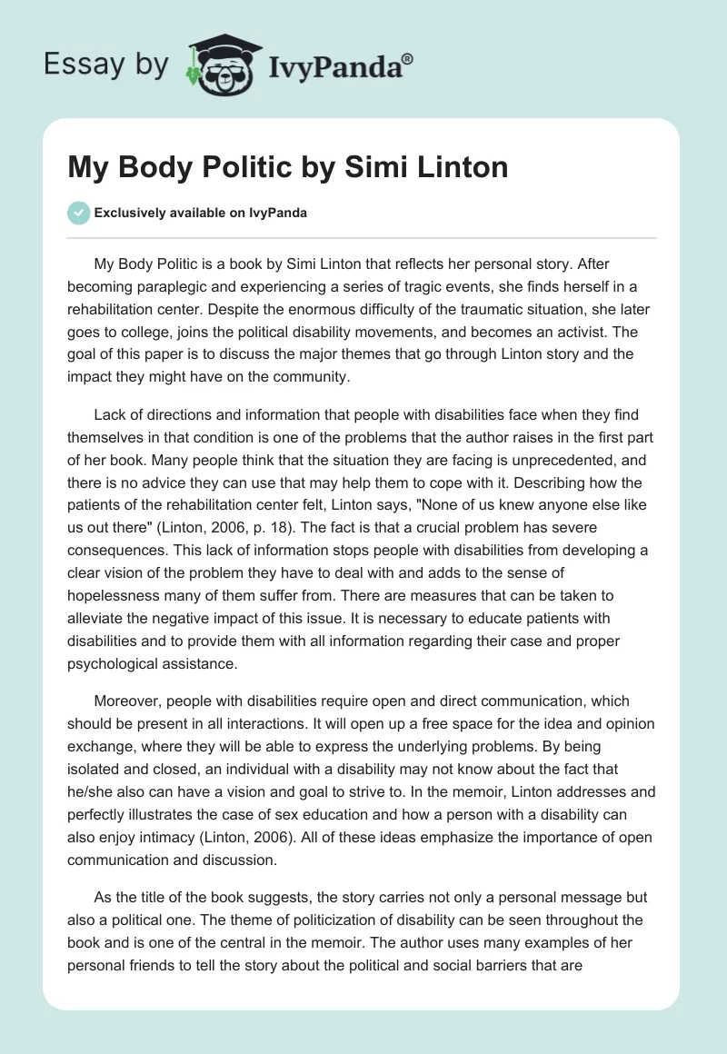 "My Body Politic" by Simi Linton. Page 1