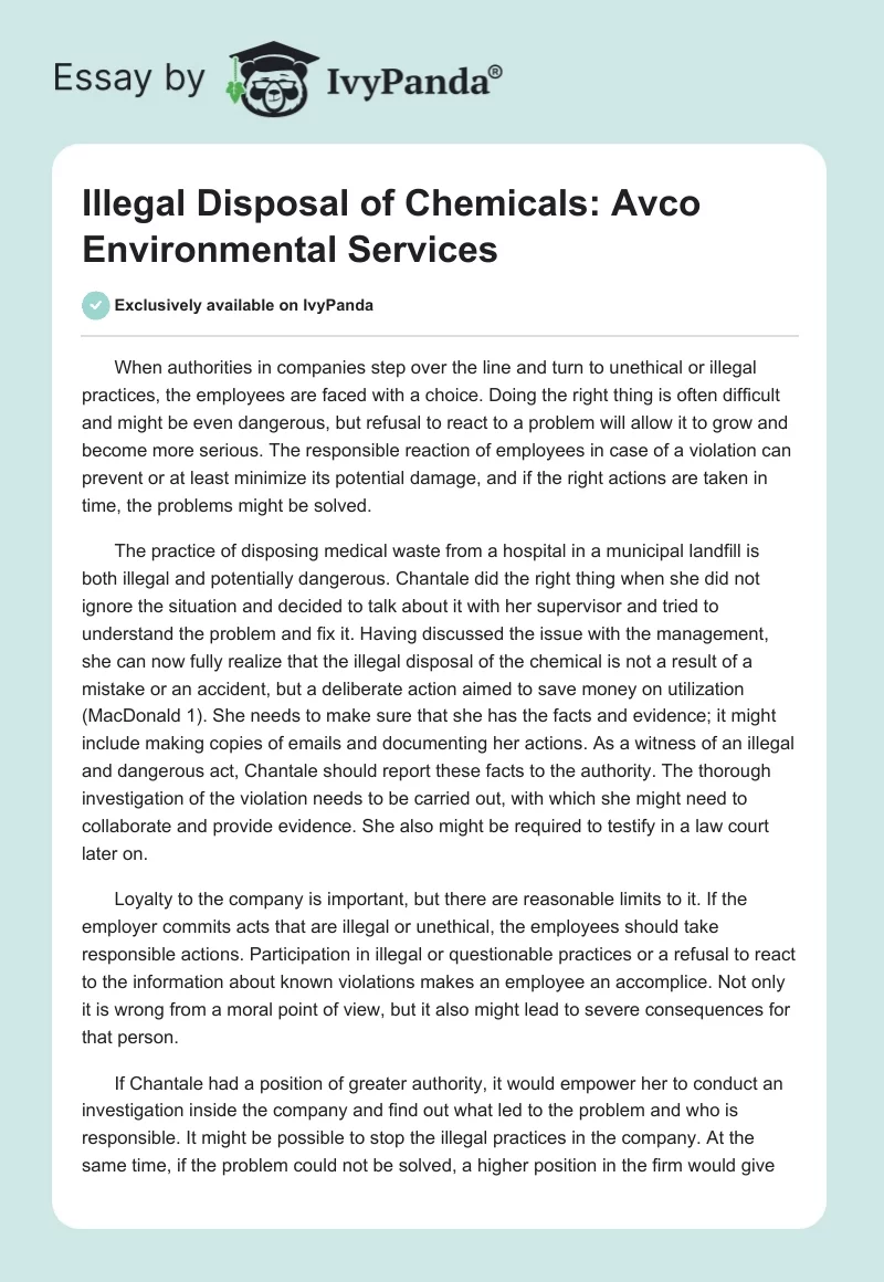 Illegal Disposal of Chemicals: Avco Environmental Services. Page 1