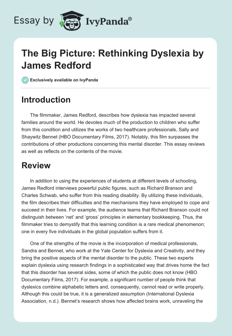 "The Big Picture: Rethinking Dyslexia" by James Redford. Page 1
