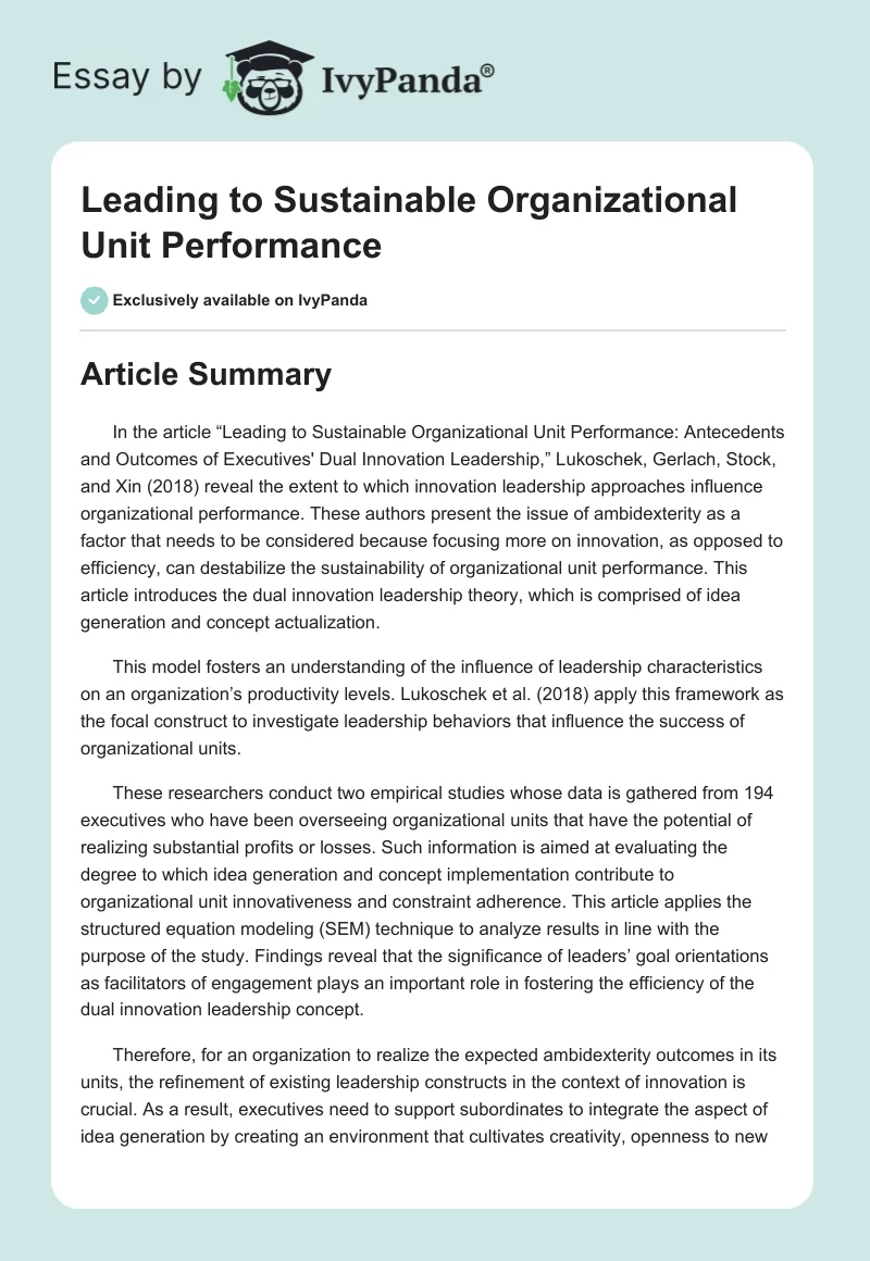 Leading to Sustainable Organizational Unit Performance. Page 1