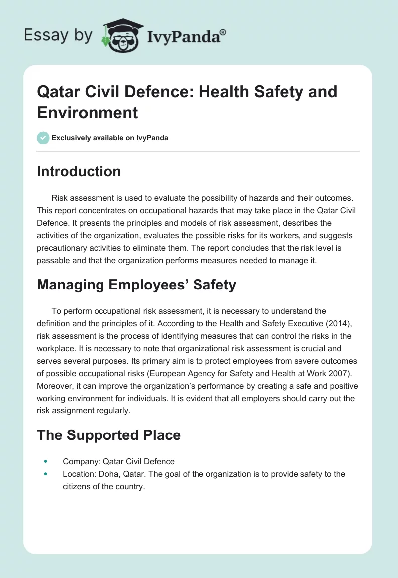 Qatar Civil Defence: Health Safety and Environment. Page 1