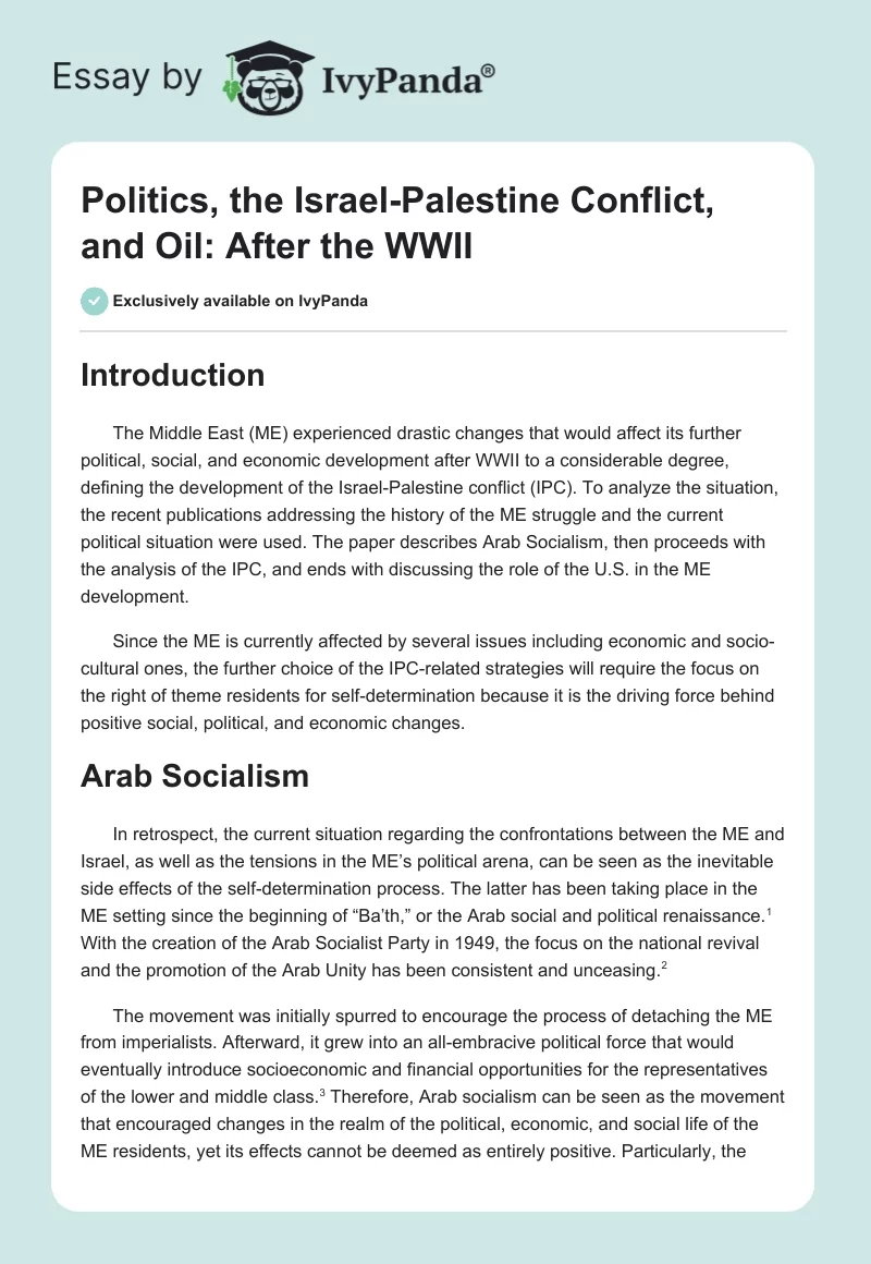 Politics, the Israel-Palestine Conflict, and Oil: After the WWII. Page 1